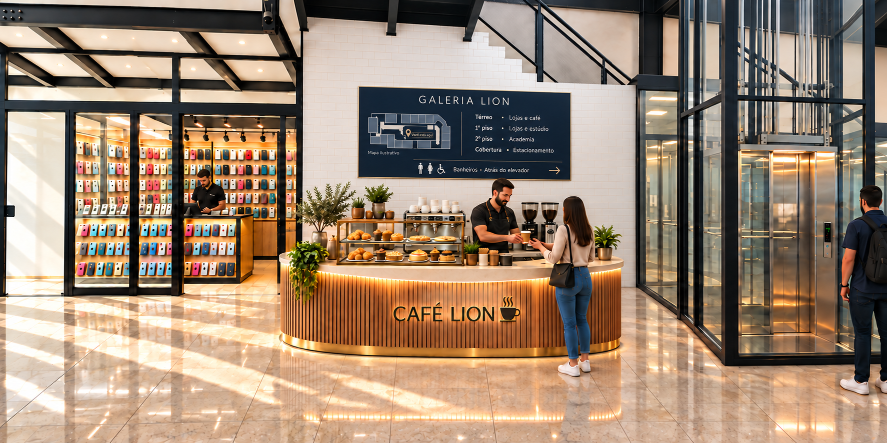 Café em quiosque central na Galeria Lion