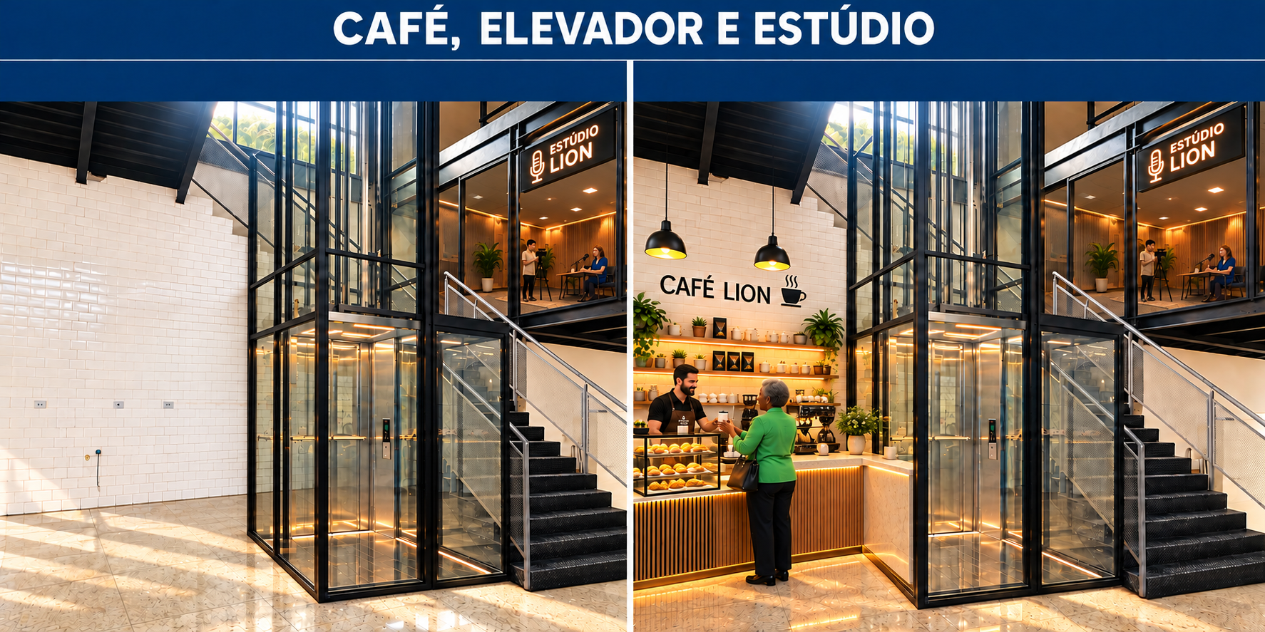 Elevador panorâmico e estúdio na Galeria Lion