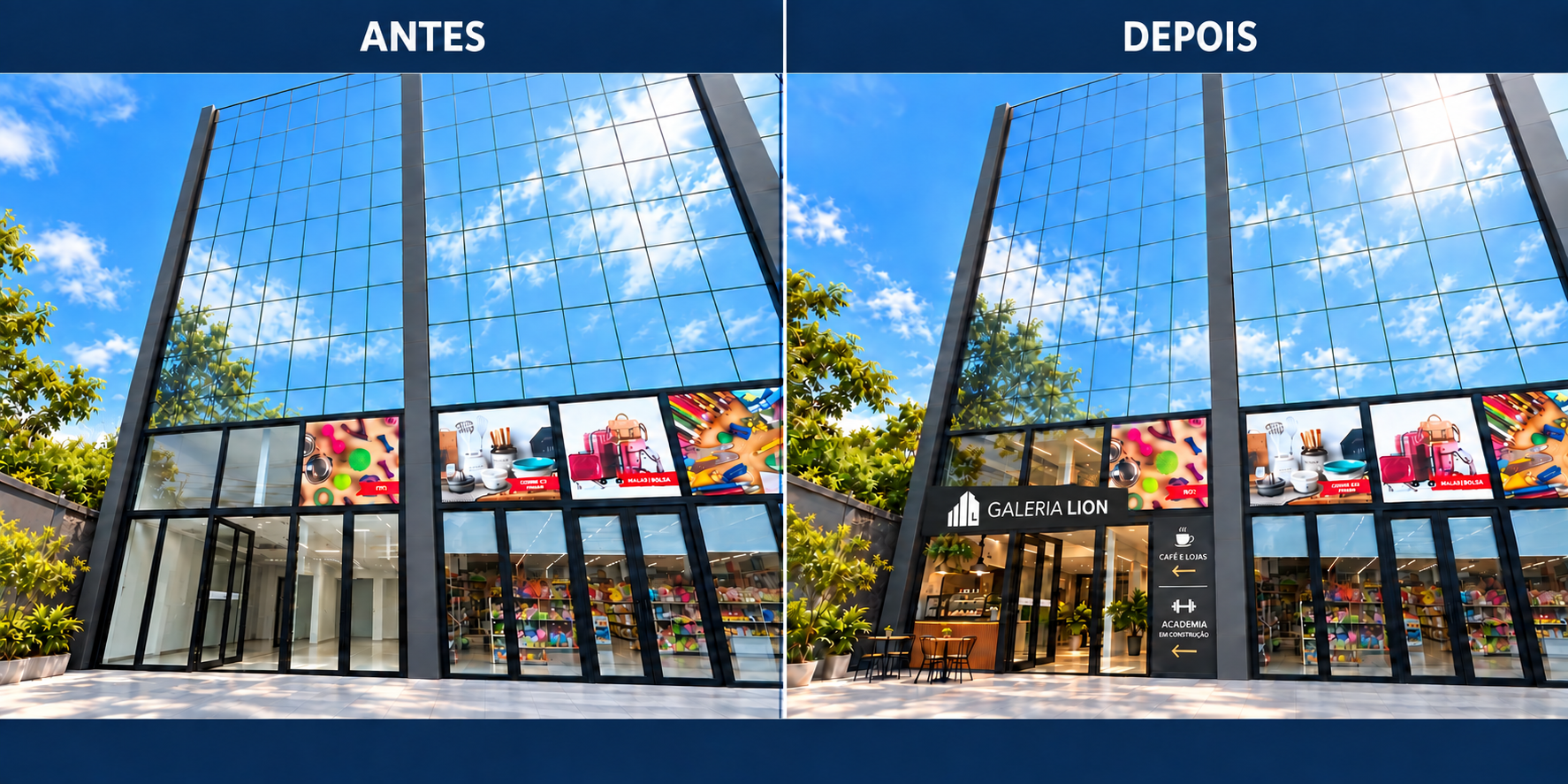 Fachada da Galeria Lion: antes e depois da proposta de renovação, com logo oficial