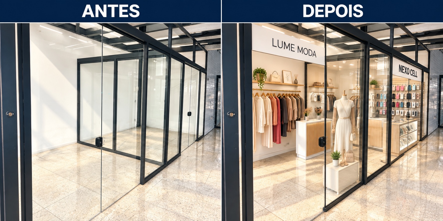 Duas lojas da entrada: antes e depois da proposta de ocupação