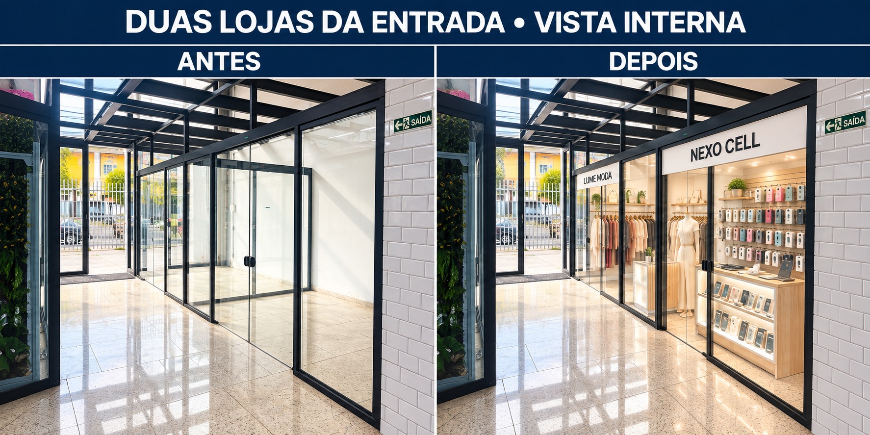 Vista interna das duas lojas da entrada: antes e depois