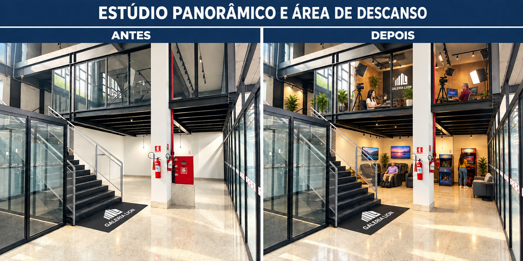 Estúdio panorâmico e área de descanso: antes e depois da proposta, com logo oficial