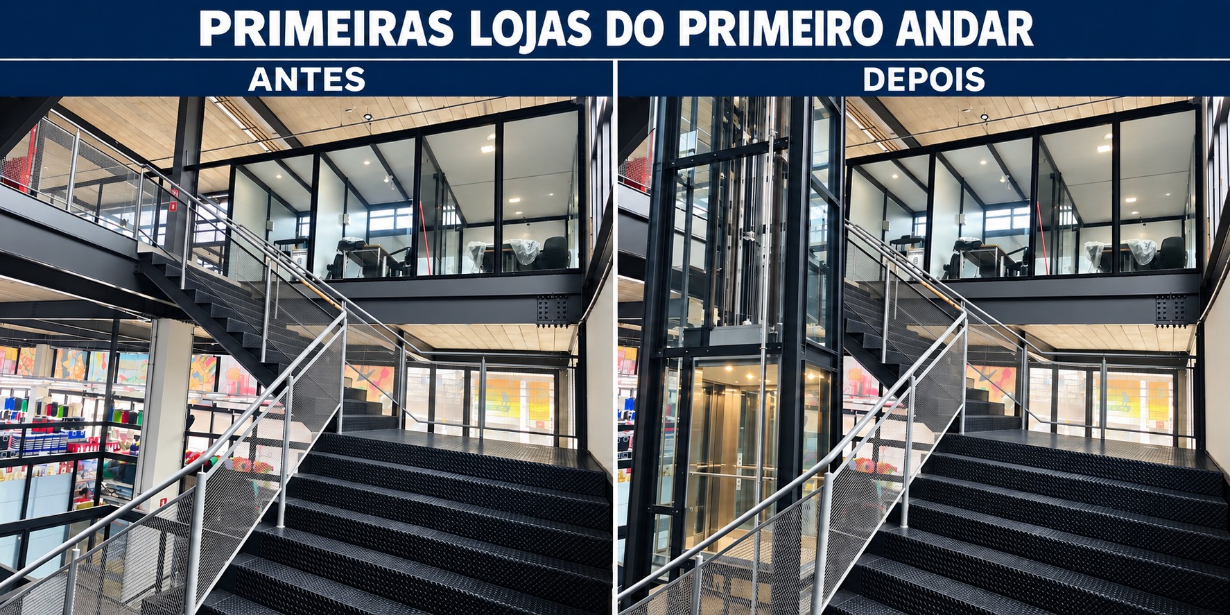 Escadas e acesso às primeiras lojas do primeiro andar: antes e depois