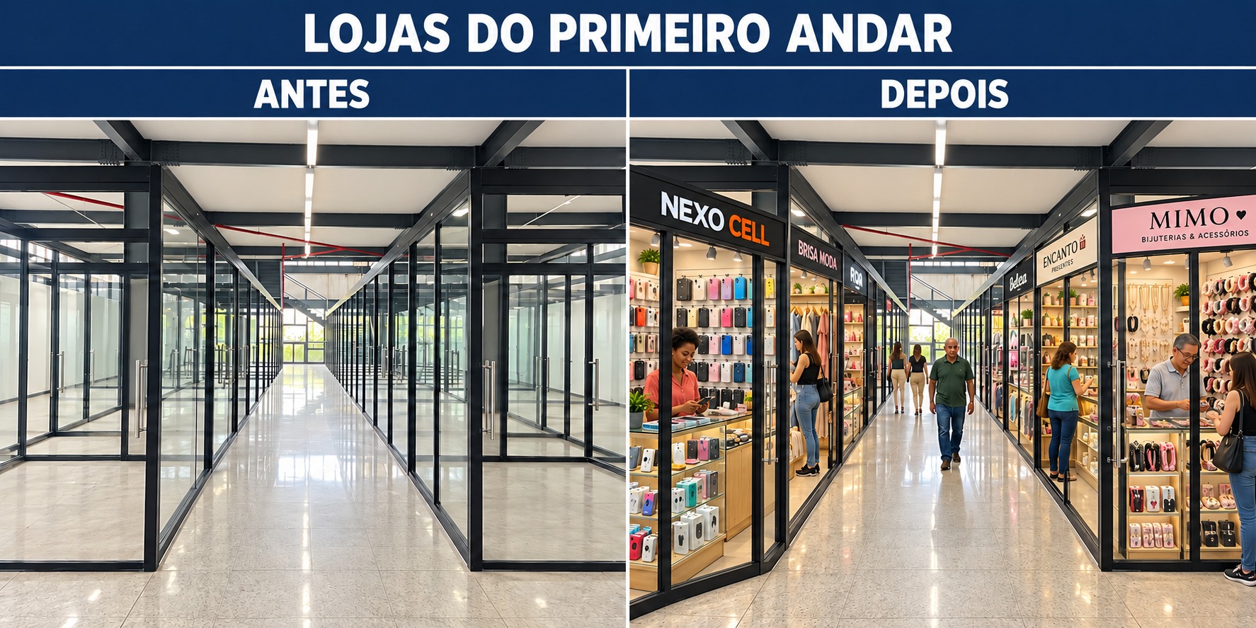 Corredor do primeiro andar: lojas vazias e proposta de ocupação