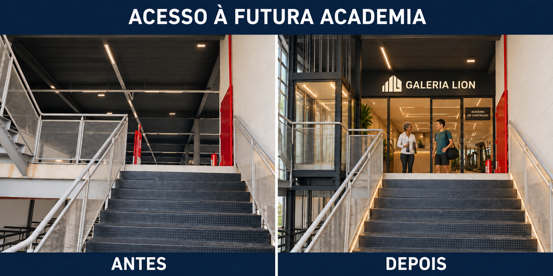 Acesso à futura academia em construção: antes e depois da proposta, com logo oficial
