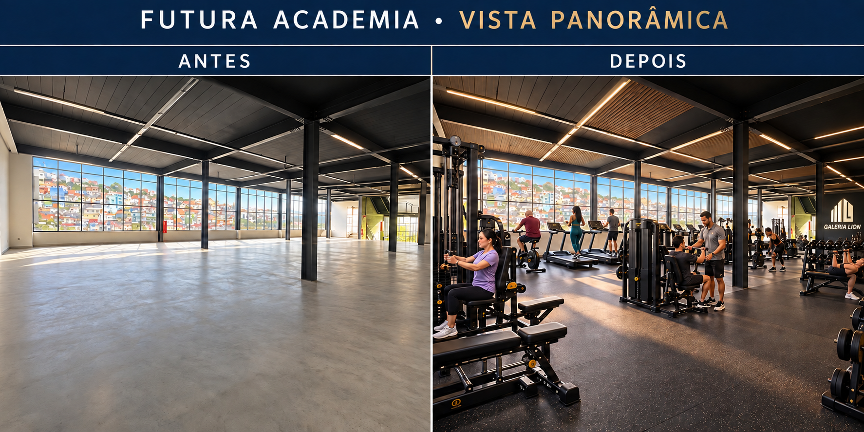 Futura academia em construção: vista panorâmica antes e depois da proposta, com logo oficial