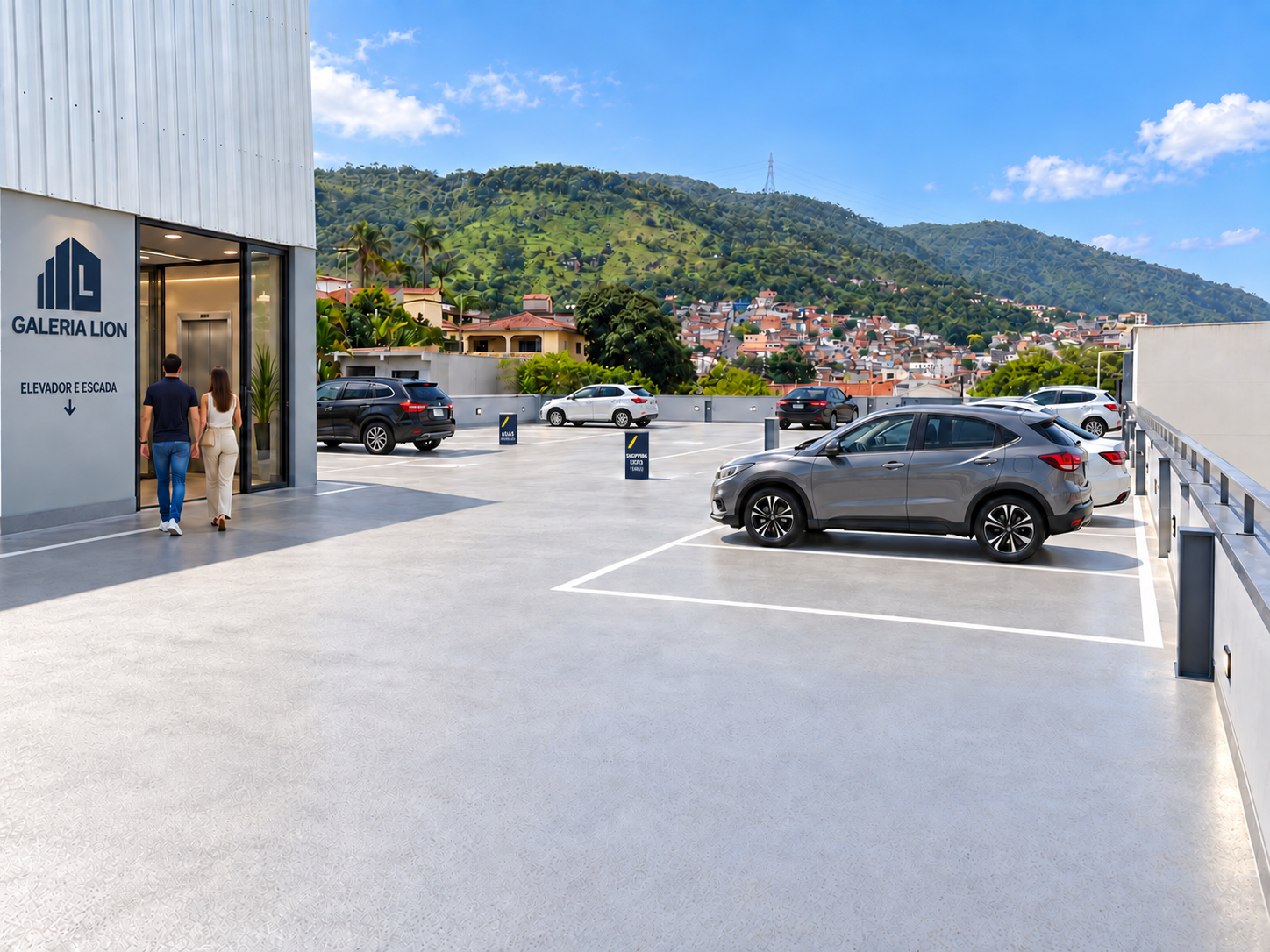 Proposta em estudo de estacionamento da Galeria Lion, com logo oficial e banners discretos das lojas e Shopping Seven no térreo